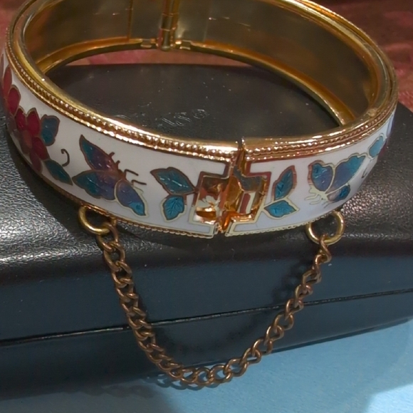 Vintage Cloisonne Floral Enamel Bangle Bracelet And Earrings - Picture 4 of 7